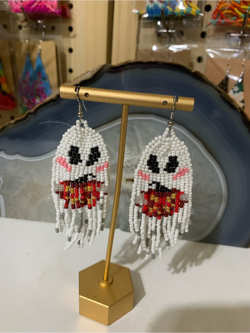 White Beaded Ghost Fringe Earrings with Red Accent